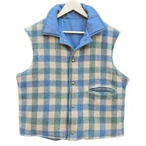 Woolrich Men Vintage Reversible Wool Blend Plaid Vest XL Country Hiking Gorp USA
